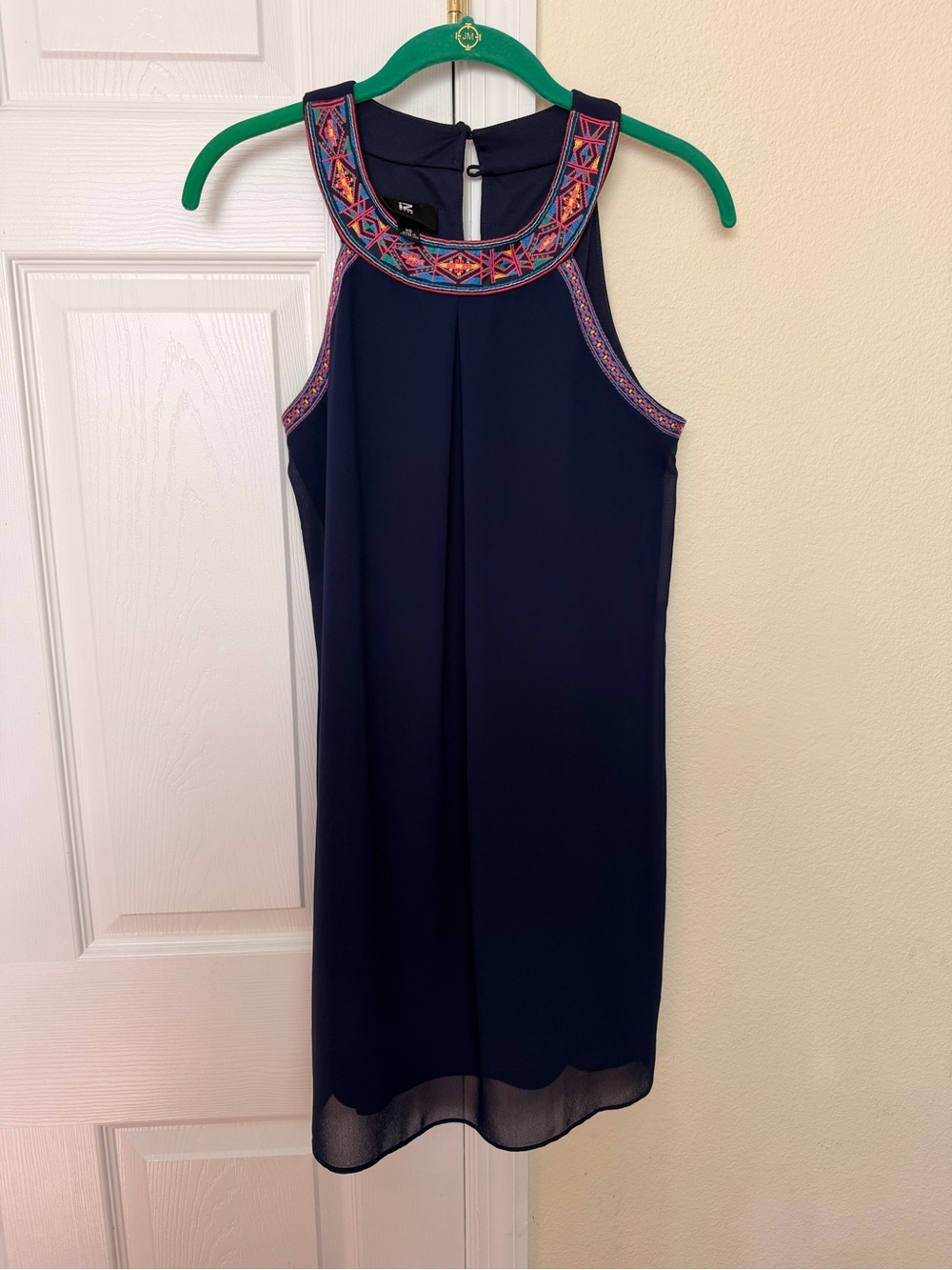 Iz Byer Navy Shift Dress with Multicolor Embroidered Yoke